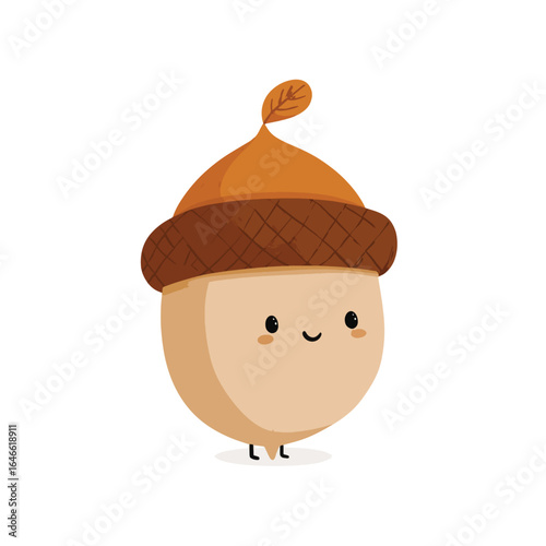 Happy Cartoon Acorn with Cap and Tiny Legs