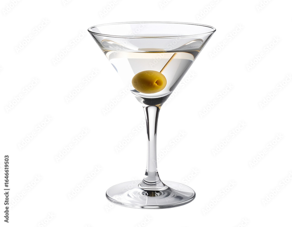 Minimalist Realistic Martini Cocktail with Green Olive Garnish in Classic Glass – Isolated on White Background Minimalist Realistic Martini Cocktail with Green Olive Garnish in Classic Glass – Isolated on White Background