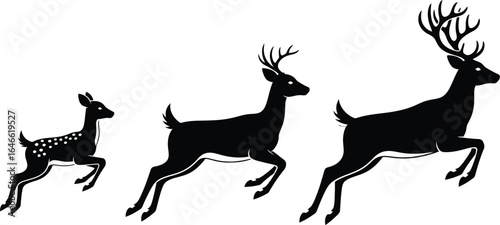 Three deer silhouettes jumping from fawn to buck with large antlers