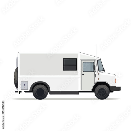 Illustrated White Step Van with Spare Tire and Antenna on Top