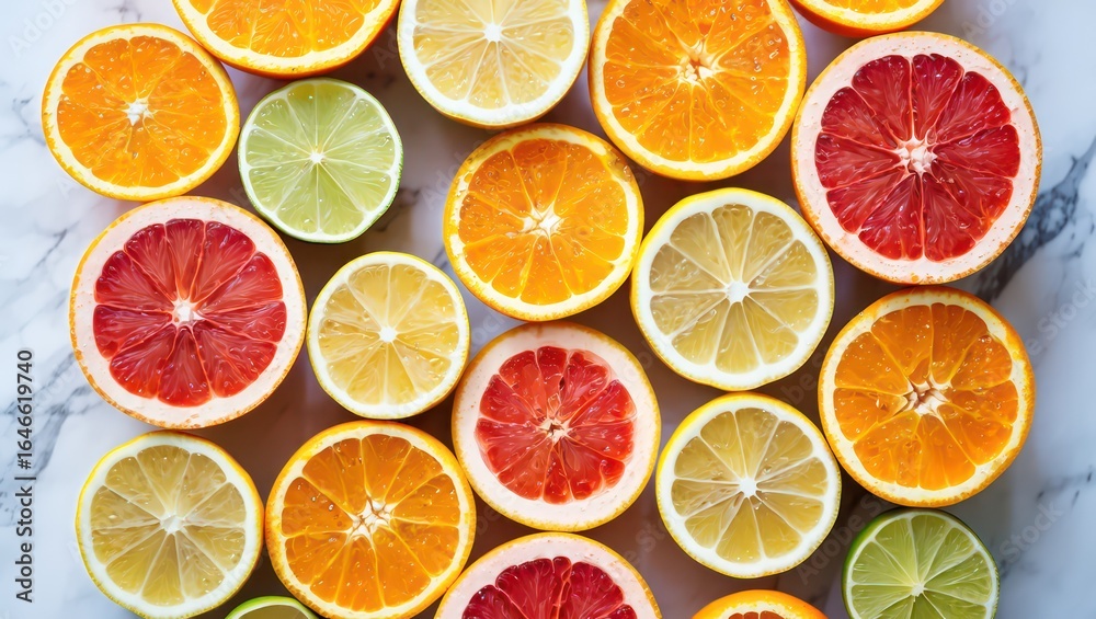 Fototapeta premium Vibrant Citrus Slices Arranged on Marble
