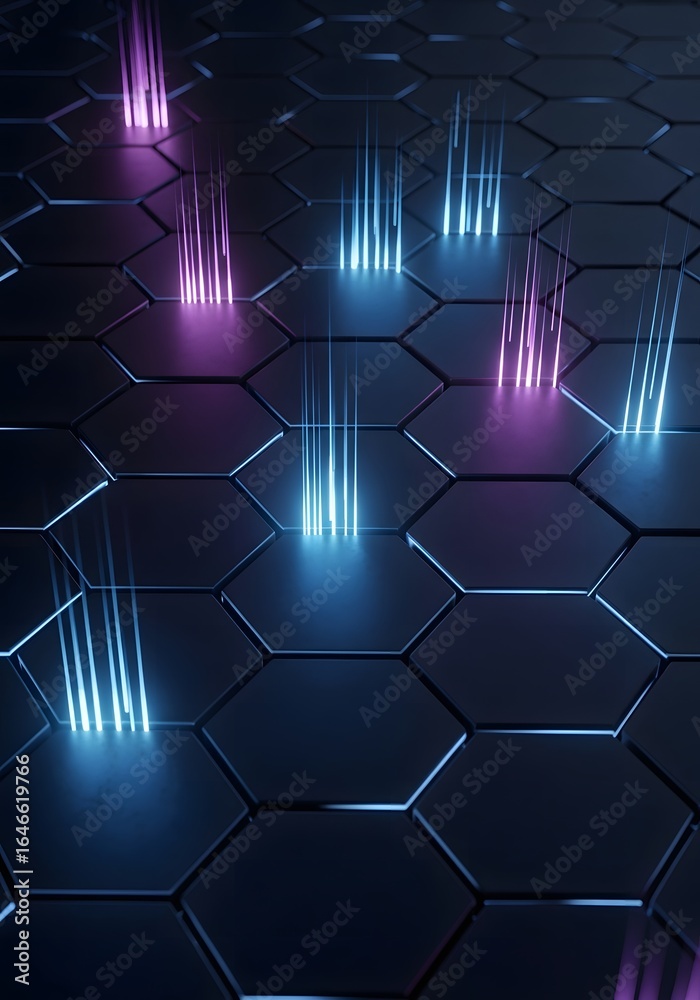 Fototapeta premium Abstract futuristic technology background with glowing hexagons and light beams.