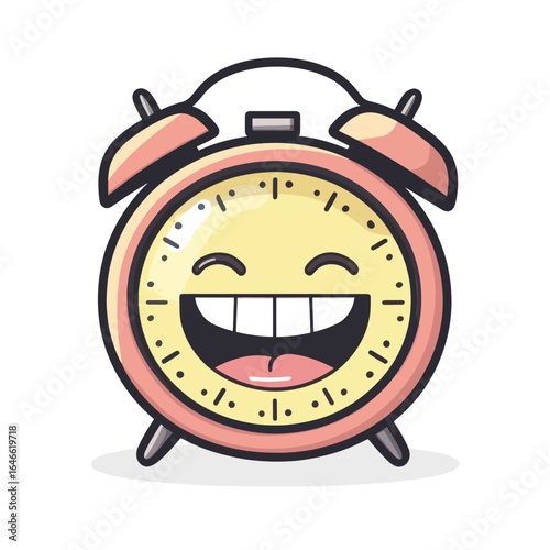 Joyful Alarm Clock Character with a Wide Grin and Retro Design