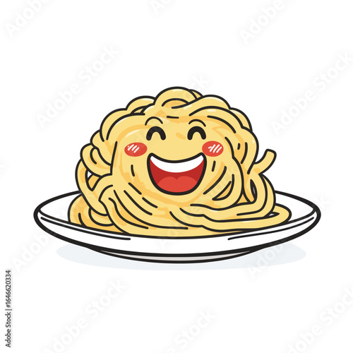 Joyful Cartoon Spaghetti on a Plate Wide Grinning Face
