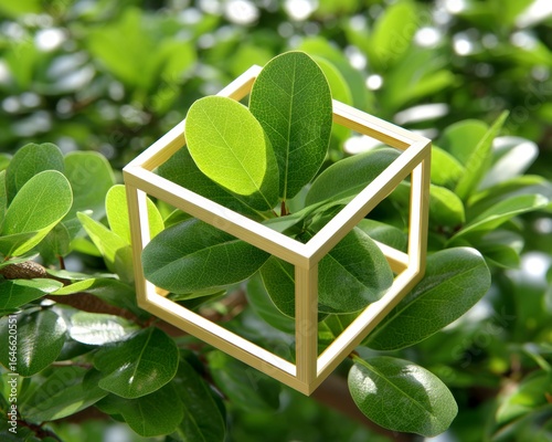 Golden Cube Among Green Leaves in Sunlight