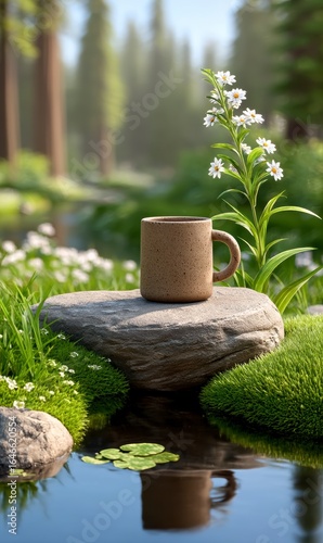 Speckled Brown Mug on Rocks by a Tranquil Stream