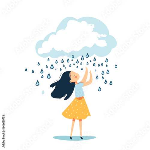 Joyful Girl Reaching Upward to Embrace the Gentle Rain Shower