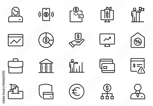 Finance line icon set with money, bank, check, law, auction, exchange, payment, wallet, deposit, piggy, calculator, web, and more isolated outline thin symbol