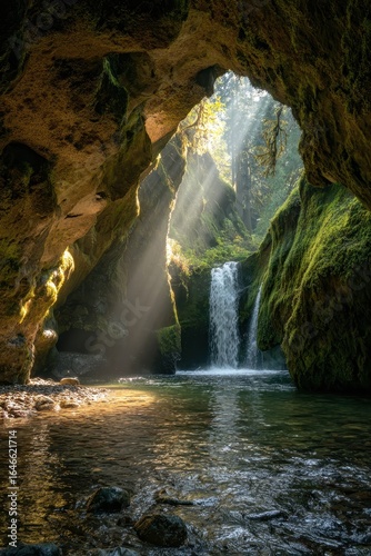 Serene Waterfall View from Mossy Cave Entrance with Sunbeams
