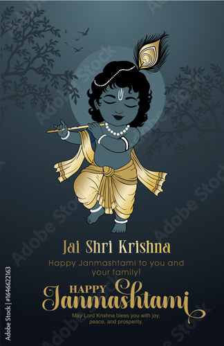 Elegant Lord Krishna Illustration with Janmashtami Greeting Card Design
