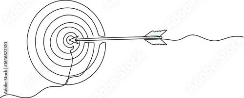 Continuous line drawing of an arrow hitting the center of a target art