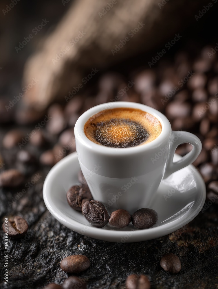 Fototapeta premium Espresso in a white cup, surrounded by coffee beans