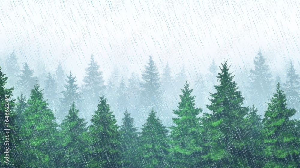 Fototapeta premium Rainy Forest, a Serene and Misty Evergreen Coniferous Forest Under a Heavy Downpour