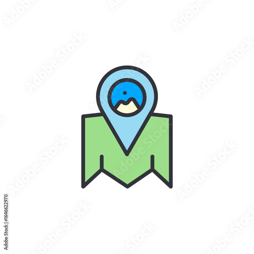 A simplified, cartoon-style illustration of a map pin with a landscape icon inside, placed over a green.