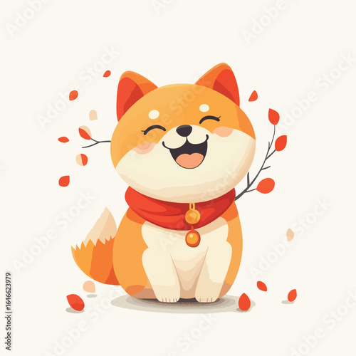 Joyful Shiba Inu with Red Scarf and Falling Leaves Illustration