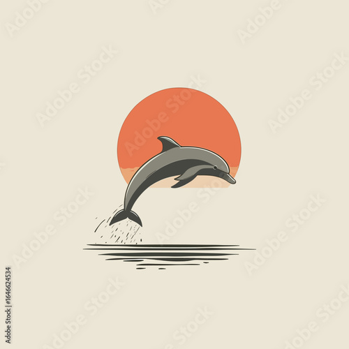 Leaping Dolphin Silhouette Against a Retro Sunset Over Stylized Ocean Waves