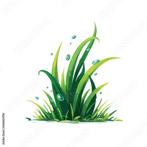 Lush Green Grass Blades with Sparkling Water Droplets Artistic Illustration