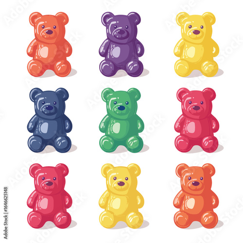 Nine Colorful Gummy Bears in Various Colors Standing Upright with Shadows