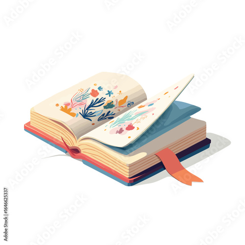 Open book with floral illustrations and a coral bookmark angled perspective