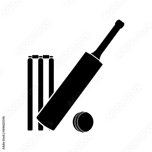 Cricket bat ball and wickets silhouette icon vector flat illustration on white background.