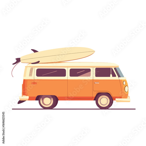 Orange and Cream Camper Van with Surfboard on Top Side View
