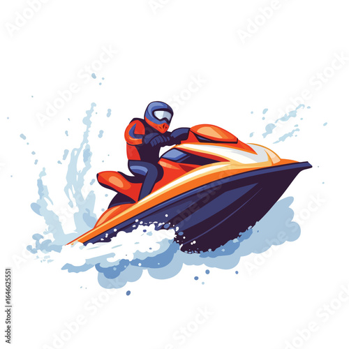 Orange and Navy Jet Ski with Helmeted Rider Splashing Through Water