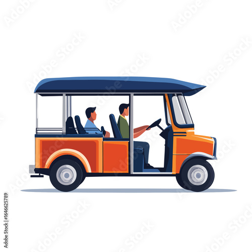 Orange openair vehicle with blue roof and two passengers side view