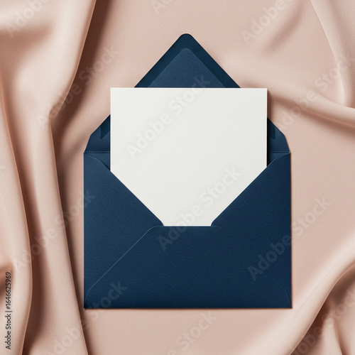 An open dark blue envelope holds a blank white card, resting on a soft, draped pink fabric background.