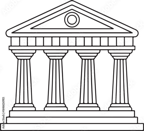 Classic greek temple building with four columns and triangular pediment outline