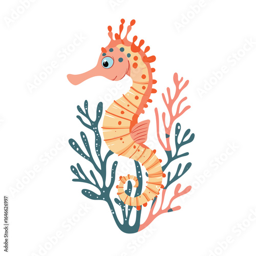 Playful Cartoon Seahorse with Coral and Seaweed in a Whimsical Illustration