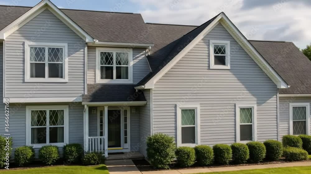 A beautiful American suburban house with light gray siding, a covered entryway, and a well-kept front yard A beautiful American suburban house with light gray siding, a covered entryway, and a well-kept front yard