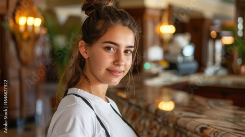 Young woman smiles warmly while standing at reception desk in luxurious hotel lobby. elegant decor and soft lighting create welcoming atmosphere, enhancing her friendly demeanor