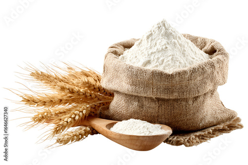 Wheat Flour in Burlap Sack with Wooden Spoon and Wheat