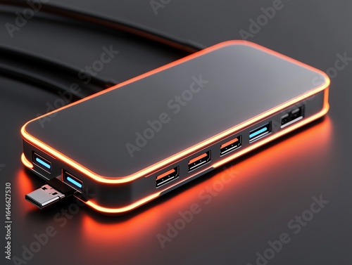 A compact USB hub glowing under ambient lighting in a studio