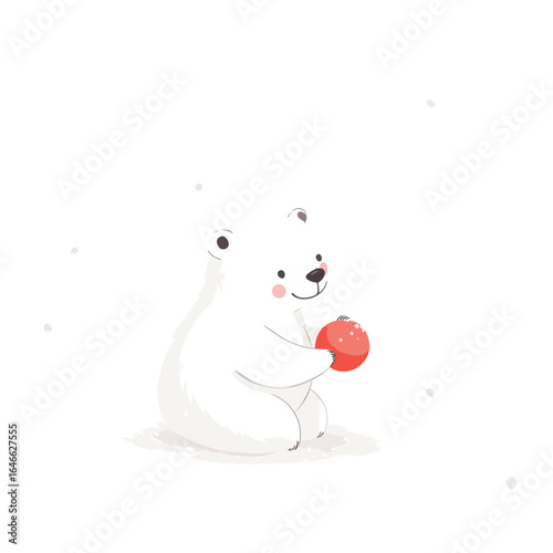 Playful Polar Bear Cub Holding a Red Ball with a Cheerful Expression