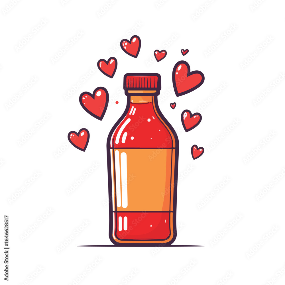 Obraz premium Red Beverage Bottle Surrounded by Loving Hearts