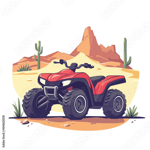 Red ATV with Black Seat in Desert Landscape with Cacti and Buttes
