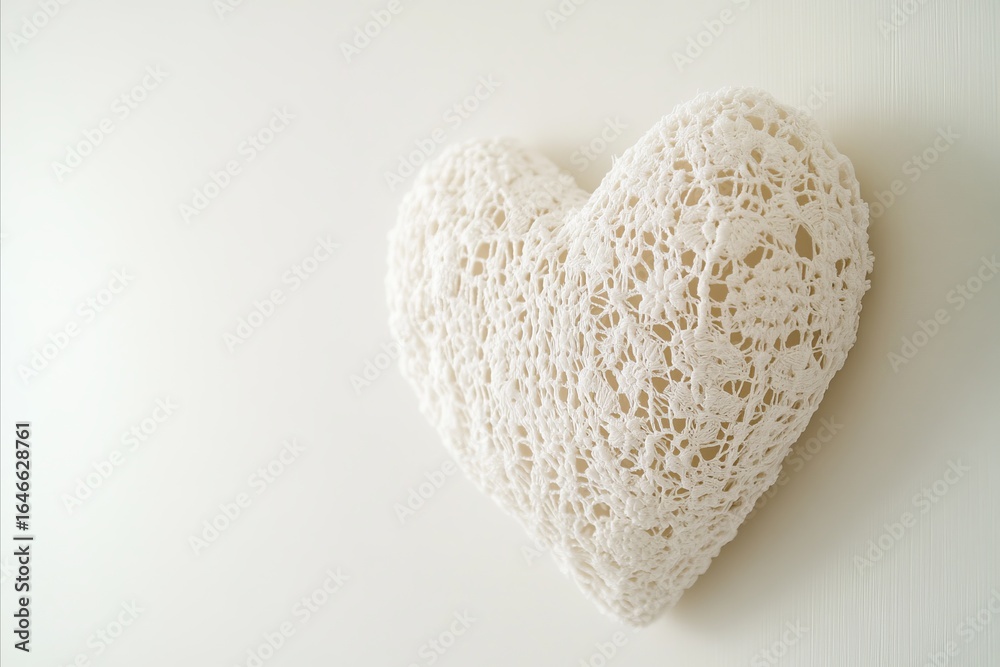 Fototapeta premium Delicate Crochet Heart on White Background, Soft Lighting and Te