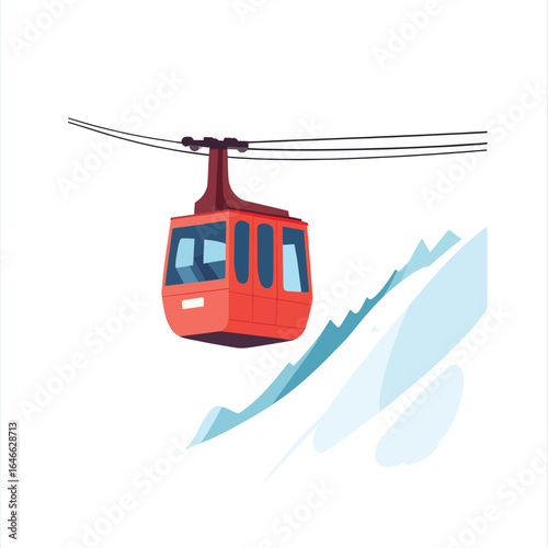 Red gondola ascending a snowy mountain suspended by cables cartoon style