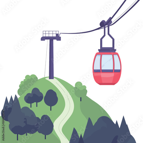 Red Gondola Car Suspended Above a Green Hillside with Trees and Path