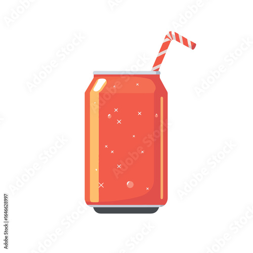 Red Soda Can with Striped Straw and Sparkling Bubbles Illustration