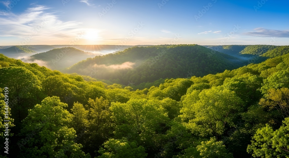 Obraz premium Panoramic Sunlit Forest Canopy with Layers of Lush Green Trees