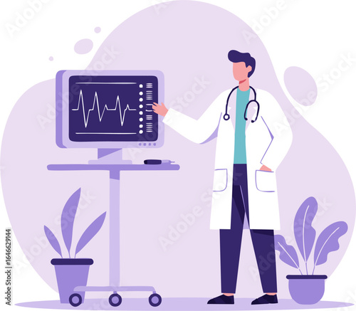 A male doctor in a white coat with a stethoscope analyzes a patient's EKG on a medical monitor.