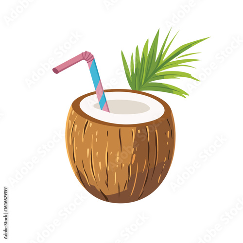 Refreshing Coconut Drink with Striped Straw and Palm Leaf Decoration
