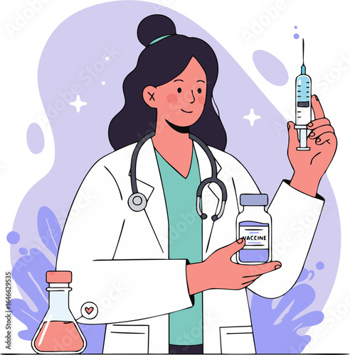 A female doctor in a white coat holds a vaccine vial and a syringe for immunization.