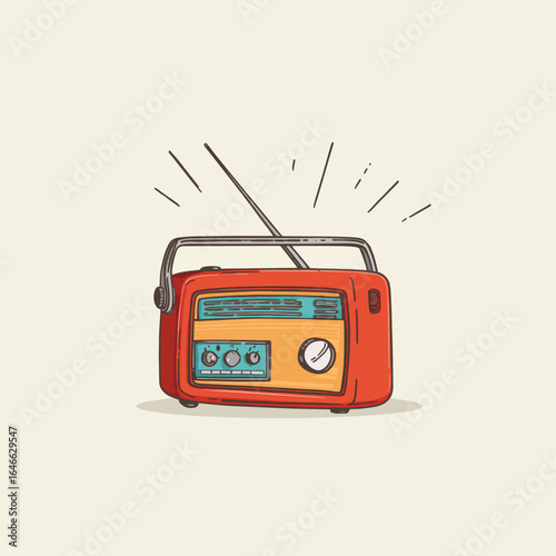 Retro Orange Radio with Silver Antenna and Three Knobs Broadcasting Soundwaves