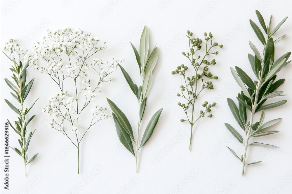 Obraz premium Delicate Greenery Arrangement: Various Leaves and Blossoms on Wh