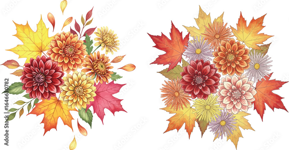 Obraz premium Watercolor Autumn Flowers and Maple Leaves - Fall Floral Bouquet Set