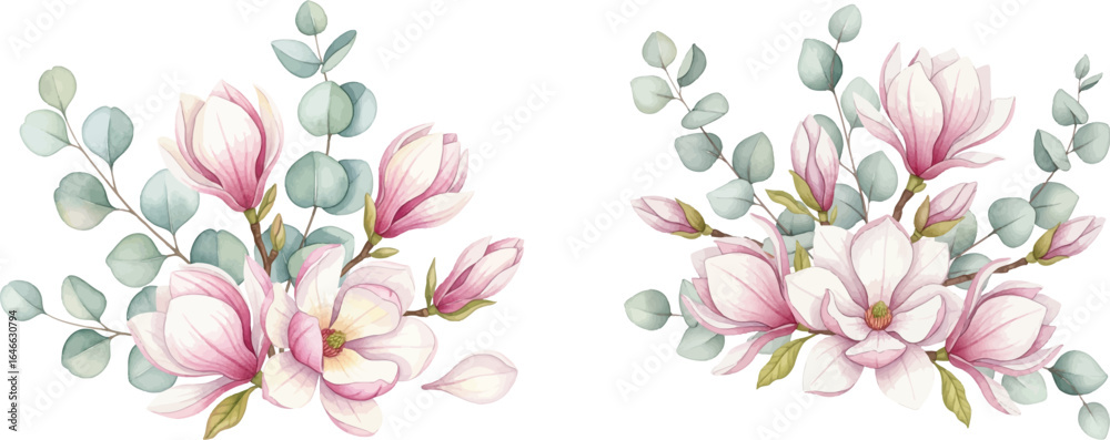 Obraz premium Watercolor Magnolia and Eucalyptus Bouquets - Elegant Floral Illustration Set