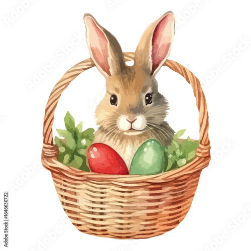 watercolor pet bunny in a heart-shaped basket illustration